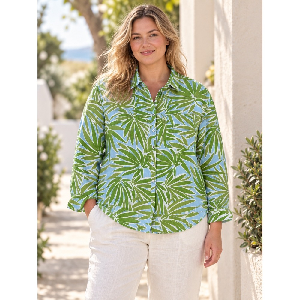 Sigrid Olsen Tropical Palm Linen Button Down Shirt Womens Large Green Blue